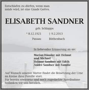 Traueranzeige von Elisabeth Sandner von Pegnitz-Zeitung